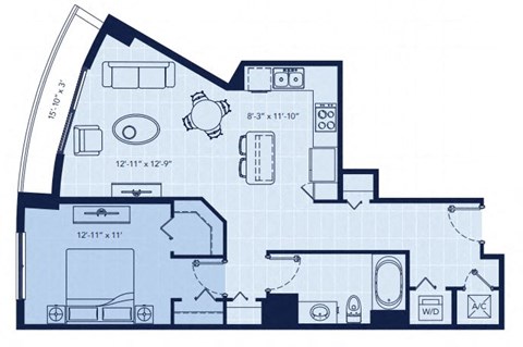 Floor plan for 1 bed, 1 bath, 808 sqft